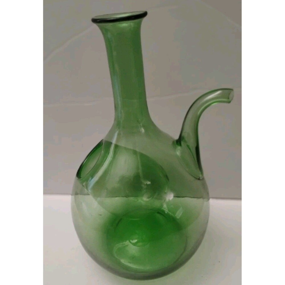 Vintage Italian Hand Blown Green Glass Wine Decanter Ice Chiller Spout As Is